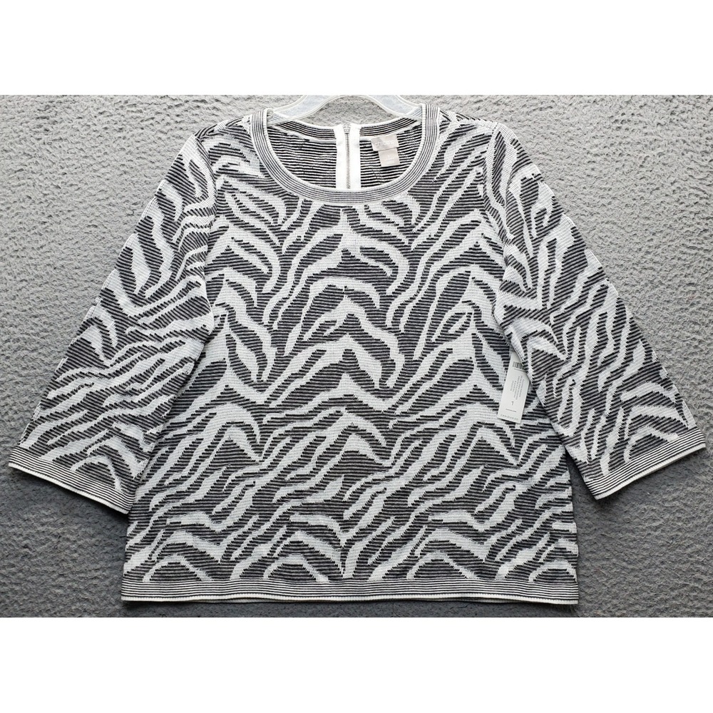 Chico's Pullover Sweater Womens Medium Multi Zebra Jacquard 3/4 Sleeve Back Zip